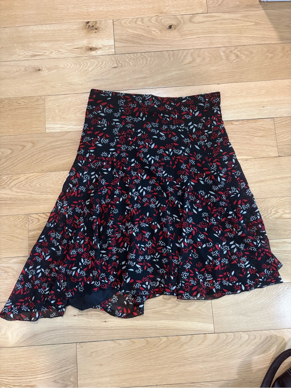 Black Floral Asymmetrical Skirt with Red & White Rose Print